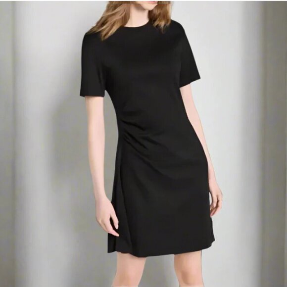 Theory T Shirt Dress Large Black Short Sleeve Cotton Mini Side Drape Stretch - Picture 1 of 7